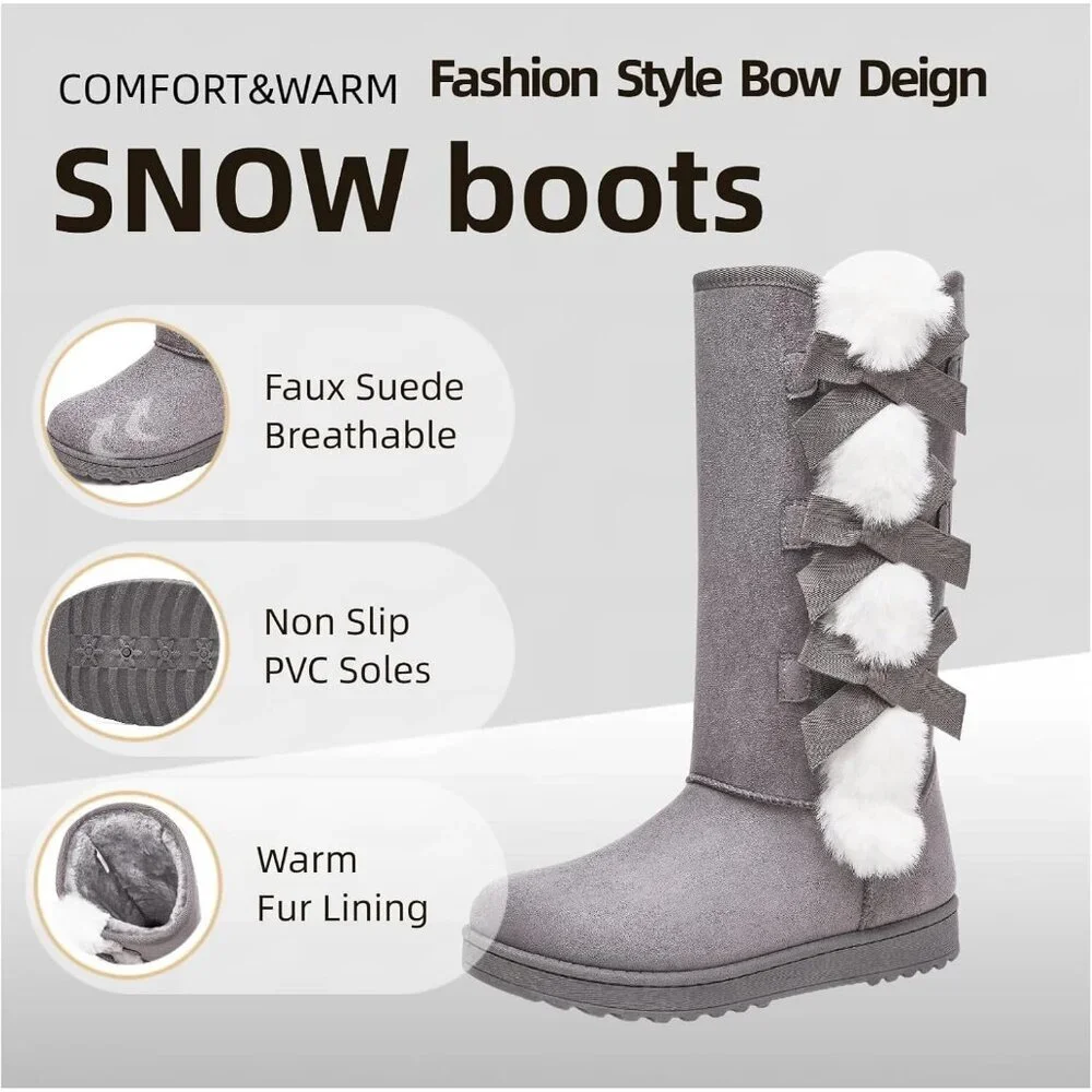 Women's Warm Mid Calf Boots Fuzzy Ladies Booties Classic Bow Tie Grey